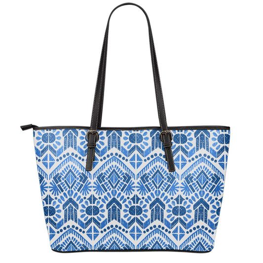 Blue And White Aztec Pattern Print Leather Tote Bag