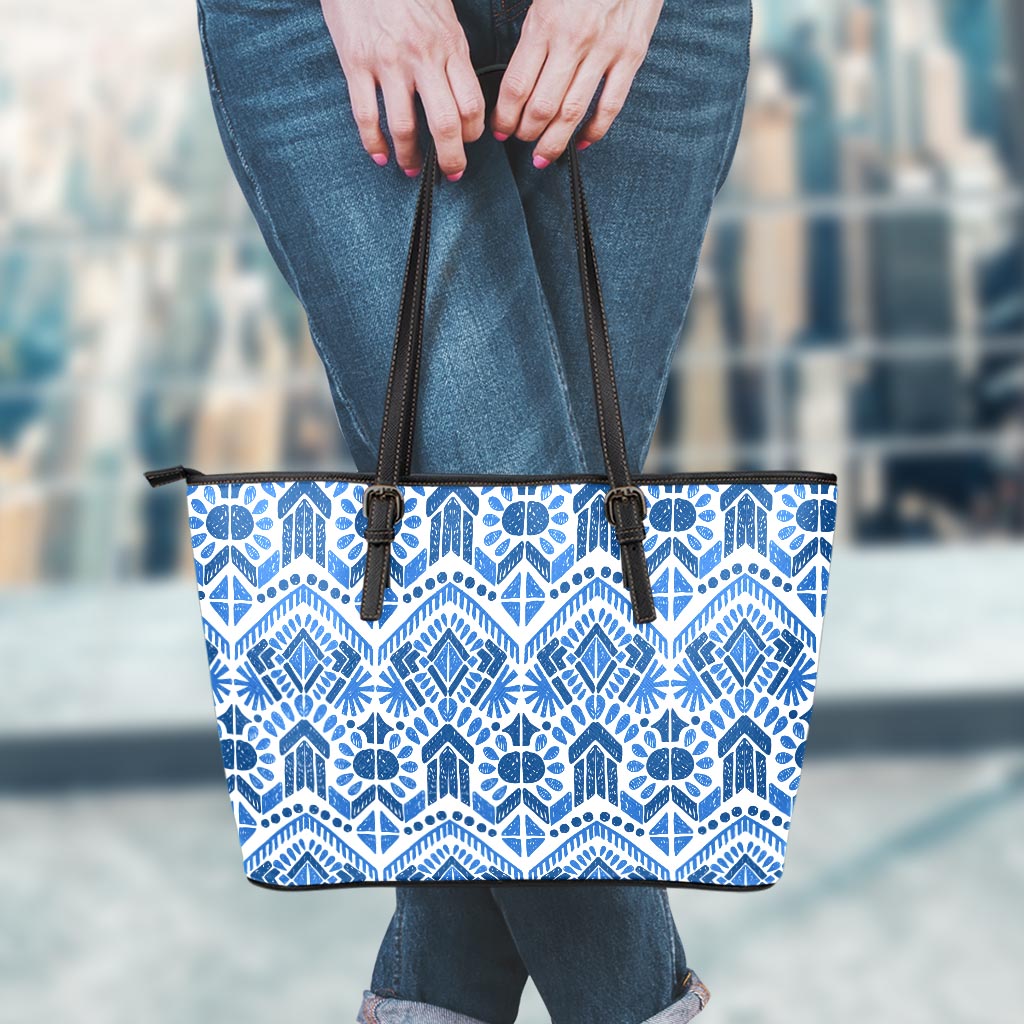 Blue And White Aztec Pattern Print Leather Tote Bag
