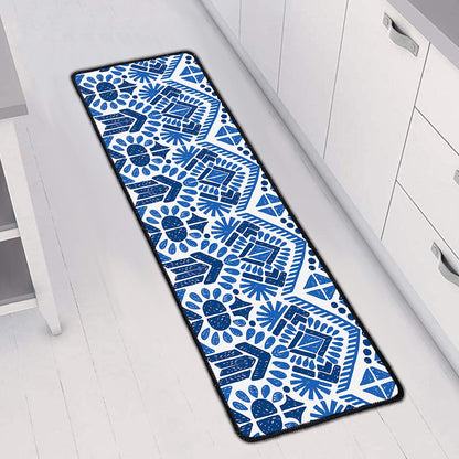 Blue And White Aztec Pattern Print Long Kitchen Mat