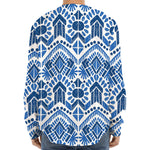 Blue And White Aztec Pattern Print Long Sleeve Baseball Jersey