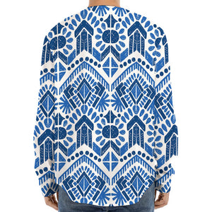 Blue And White Aztec Pattern Print Long Sleeve Baseball Jersey