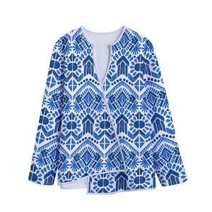 Blue And White Aztec Pattern Print Long Sleeve Short Coat