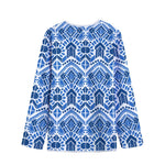 Blue And White Aztec Pattern Print Long Sleeve Short Coat