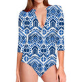 Blue And White Aztec Pattern Print Long Sleeve Swimsuit