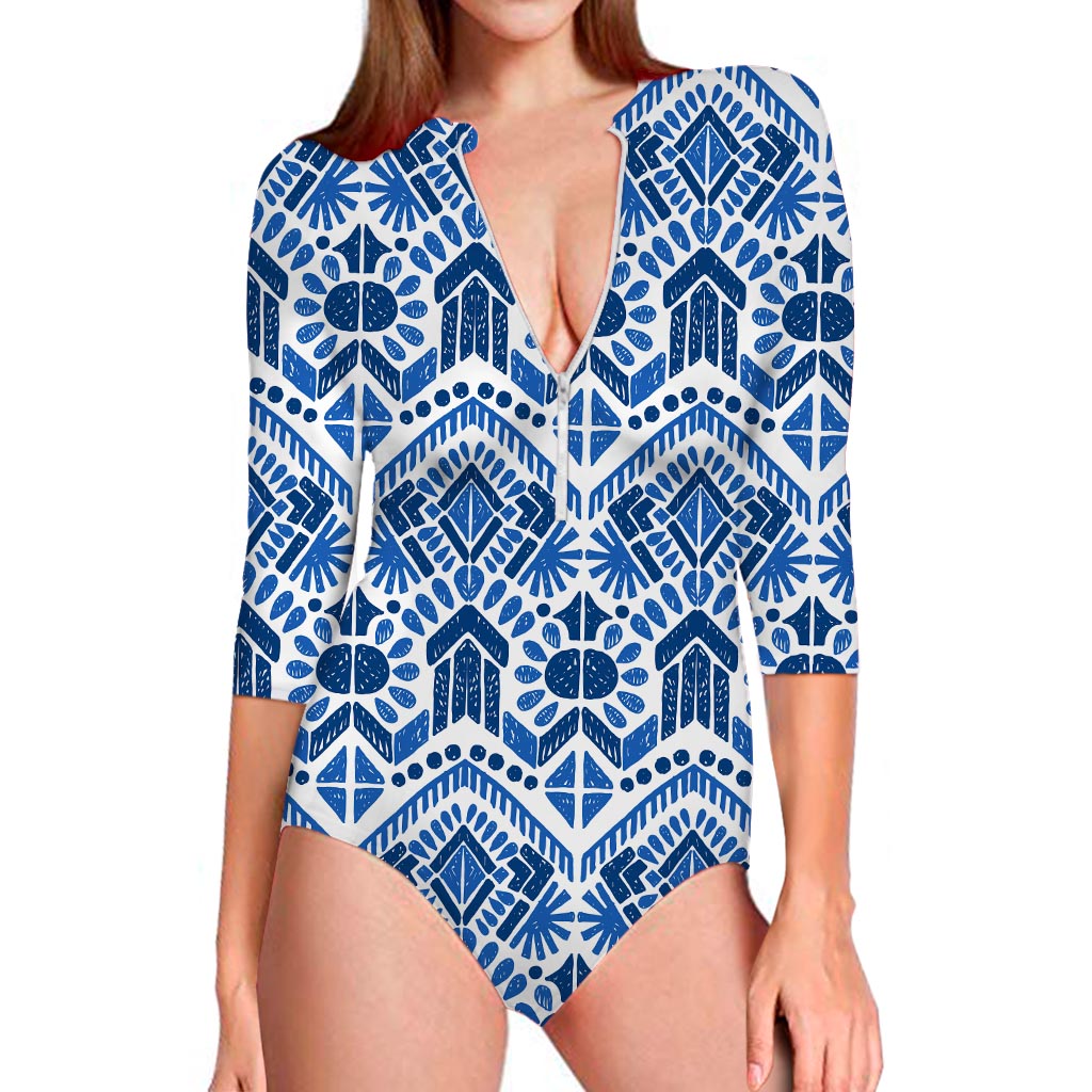 Blue And White Aztec Pattern Print Long Sleeve Swimsuit