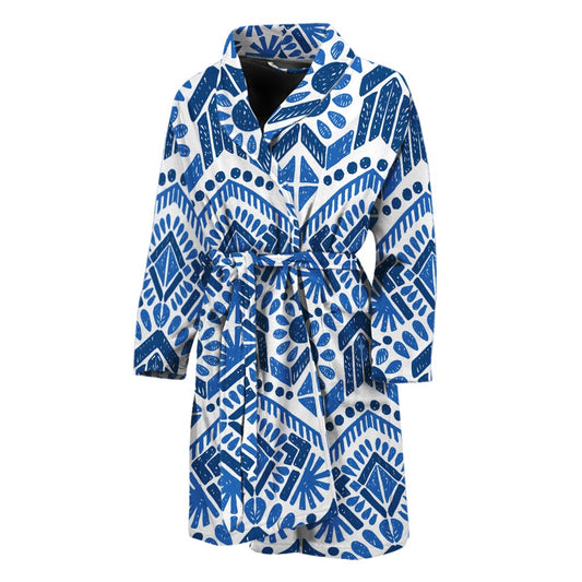 Blue And White Aztec Pattern Print Men's Bathrobe