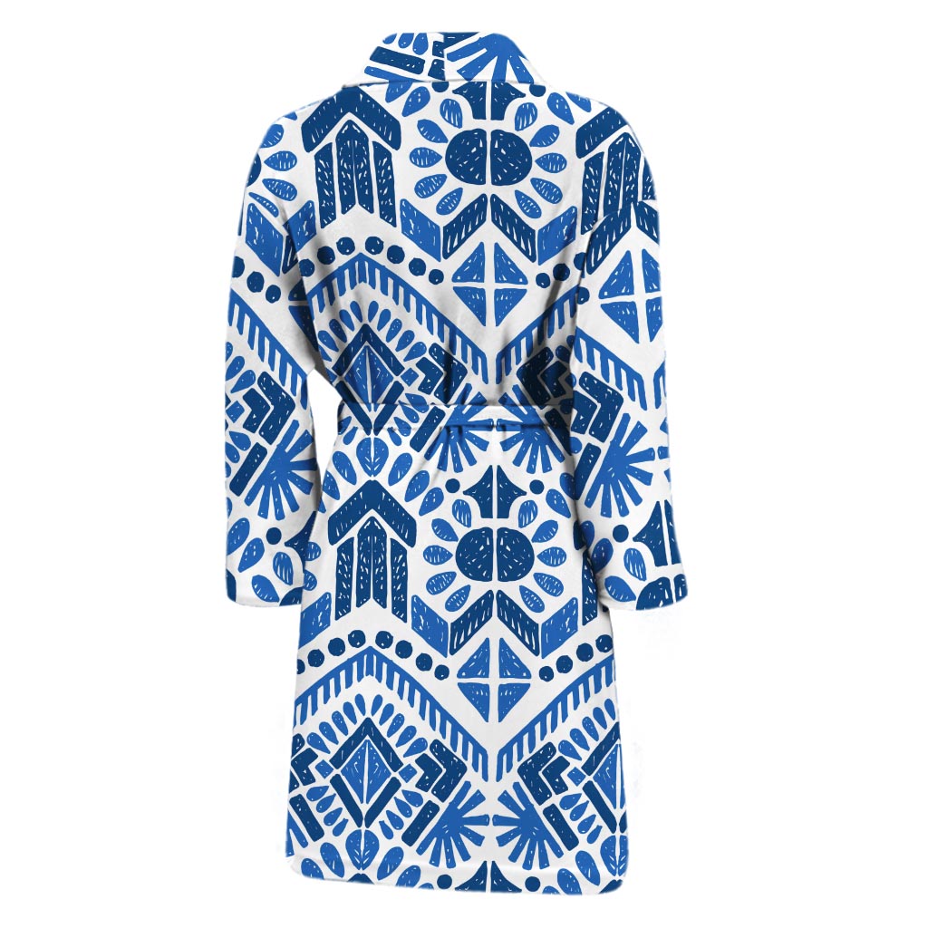 Blue And White Aztec Pattern Print Men's Bathrobe