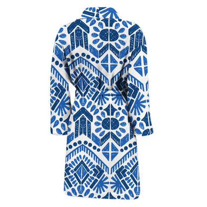Blue And White Aztec Pattern Print Men's Bathrobe