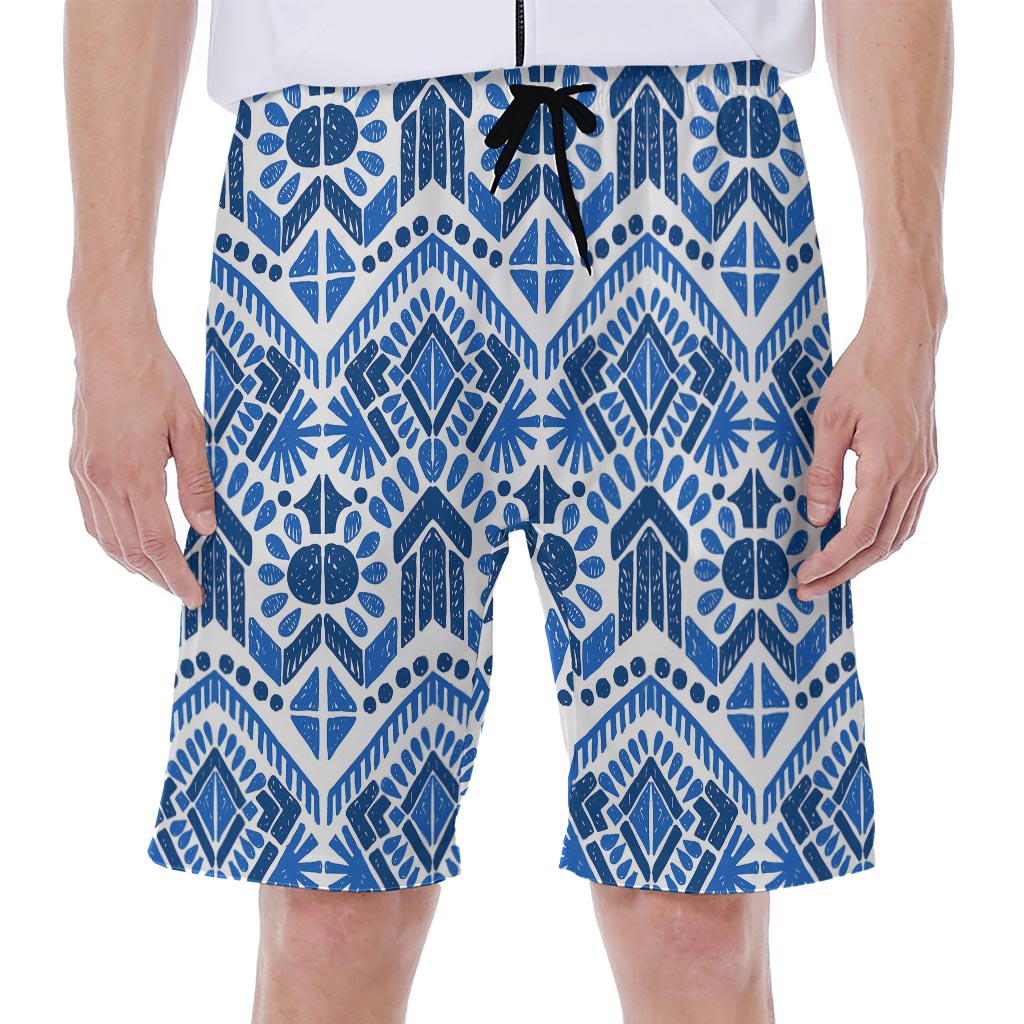 Blue And White Aztec Pattern Print Men's Beach Shorts
