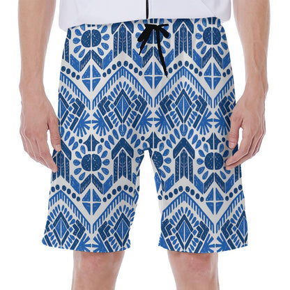 Blue And White Aztec Pattern Print Men's Beach Shorts