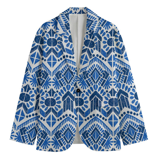 Blue And White Aztec Pattern Print Men's Blazer
