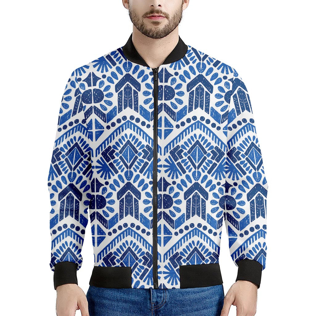 Blue And White Aztec Pattern Print Men's Bomber Jacket