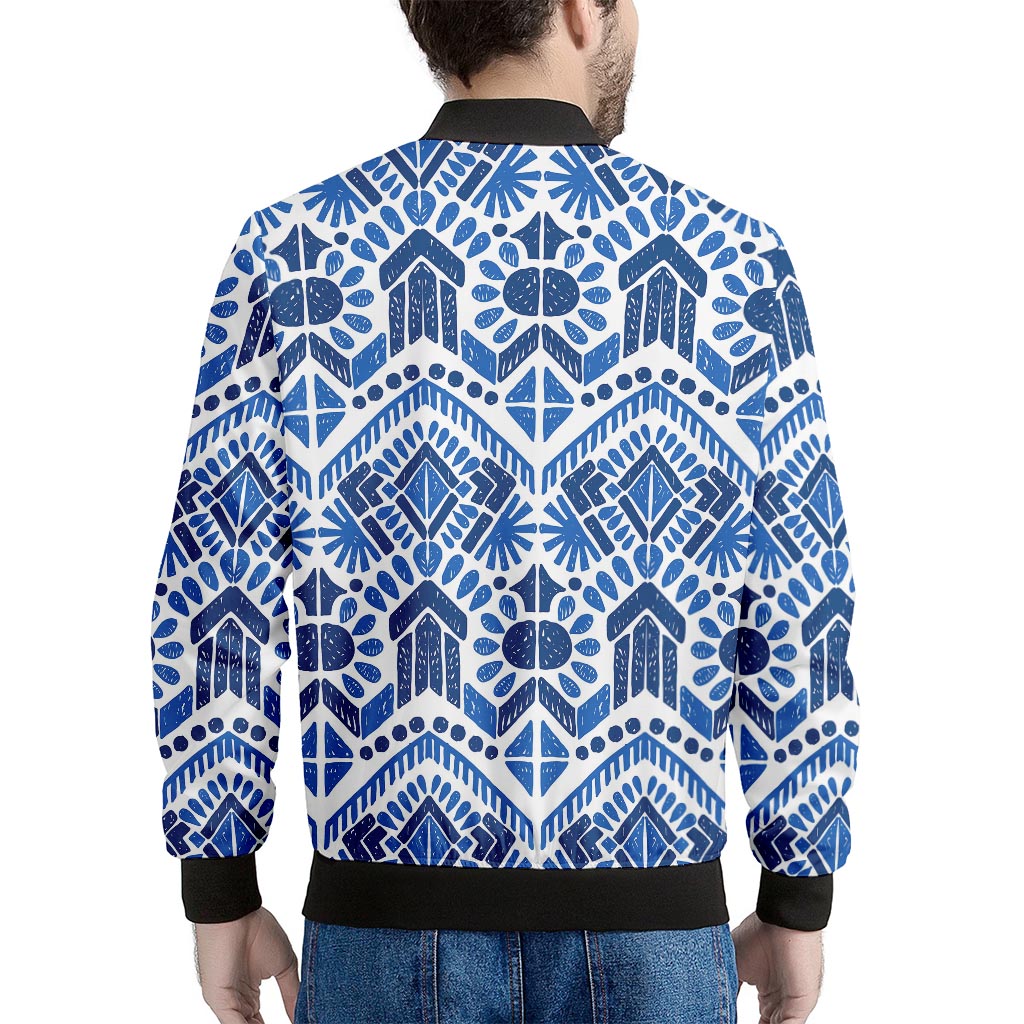 Blue And White Aztec Pattern Print Men's Bomber Jacket