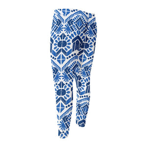 Blue And White Aztec Pattern Print Men's Compression Pants