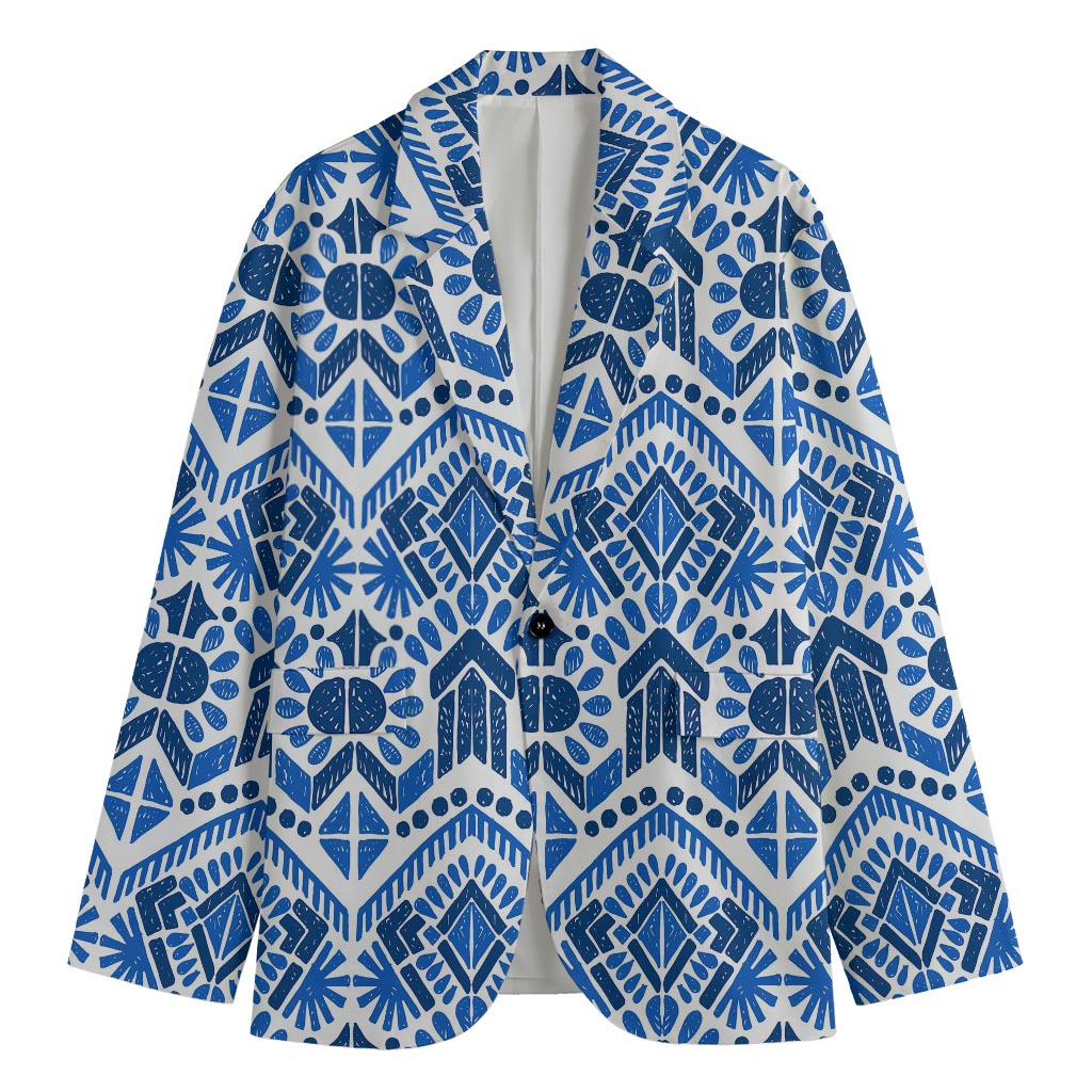 Blue And White Aztec Pattern Print Men's Cotton Blazer