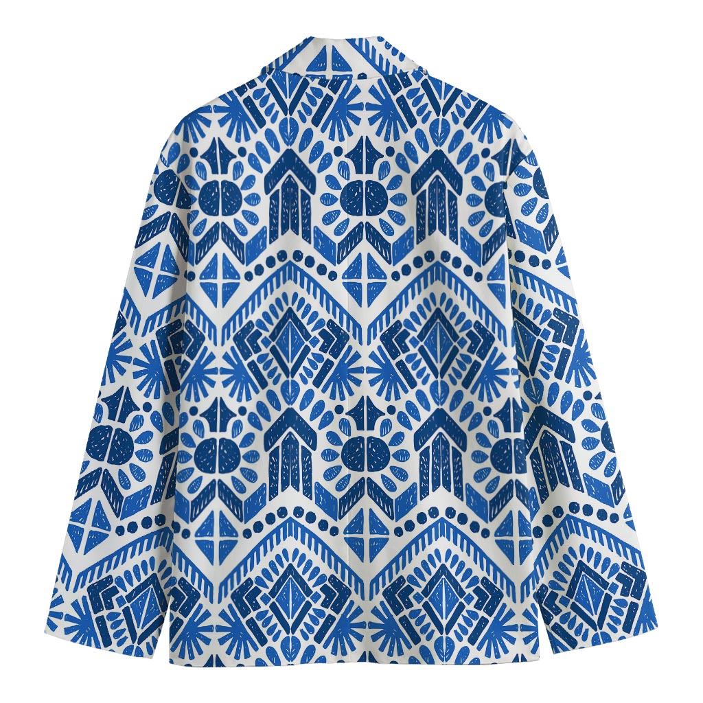 Blue And White Aztec Pattern Print Men's Cotton Blazer