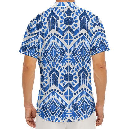 Blue And White Aztec Pattern Print Men's Deep V-Neck Shirt
