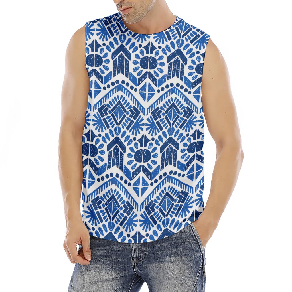 Blue And White Aztec Pattern Print Men's Fitness Tank Top