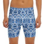 Blue And White Aztec Pattern Print Men's Long Boxer Briefs