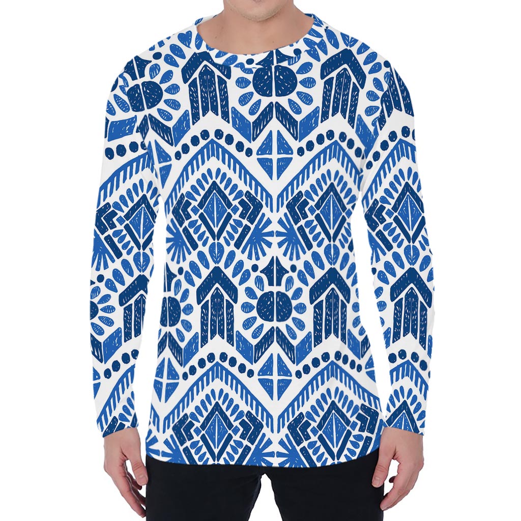 Blue And White Aztec Pattern Print Men's Long Sleeve T-Shirt