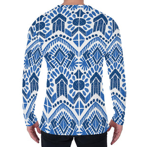 Blue And White Aztec Pattern Print Men's Long Sleeve T-Shirt