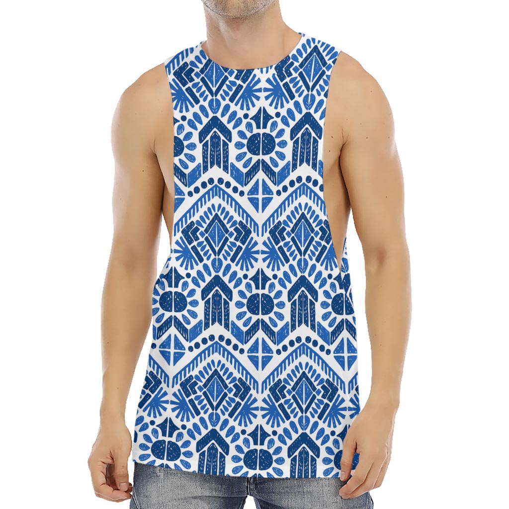 Blue And White Aztec Pattern Print Men's Muscle Tank Top