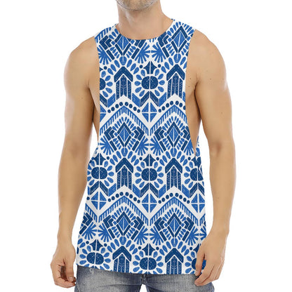 Blue And White Aztec Pattern Print Men's Muscle Tank Top