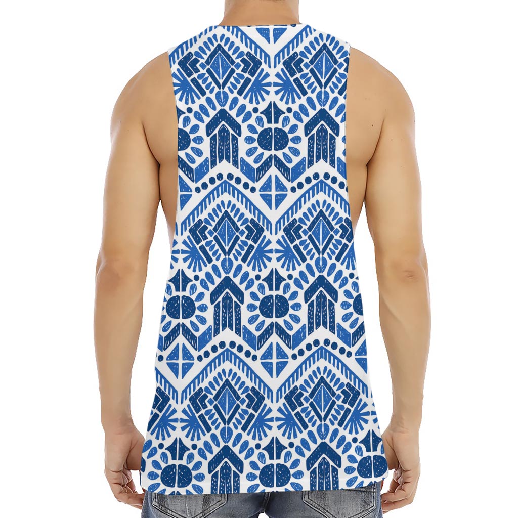 Blue And White Aztec Pattern Print Men's Muscle Tank Top
