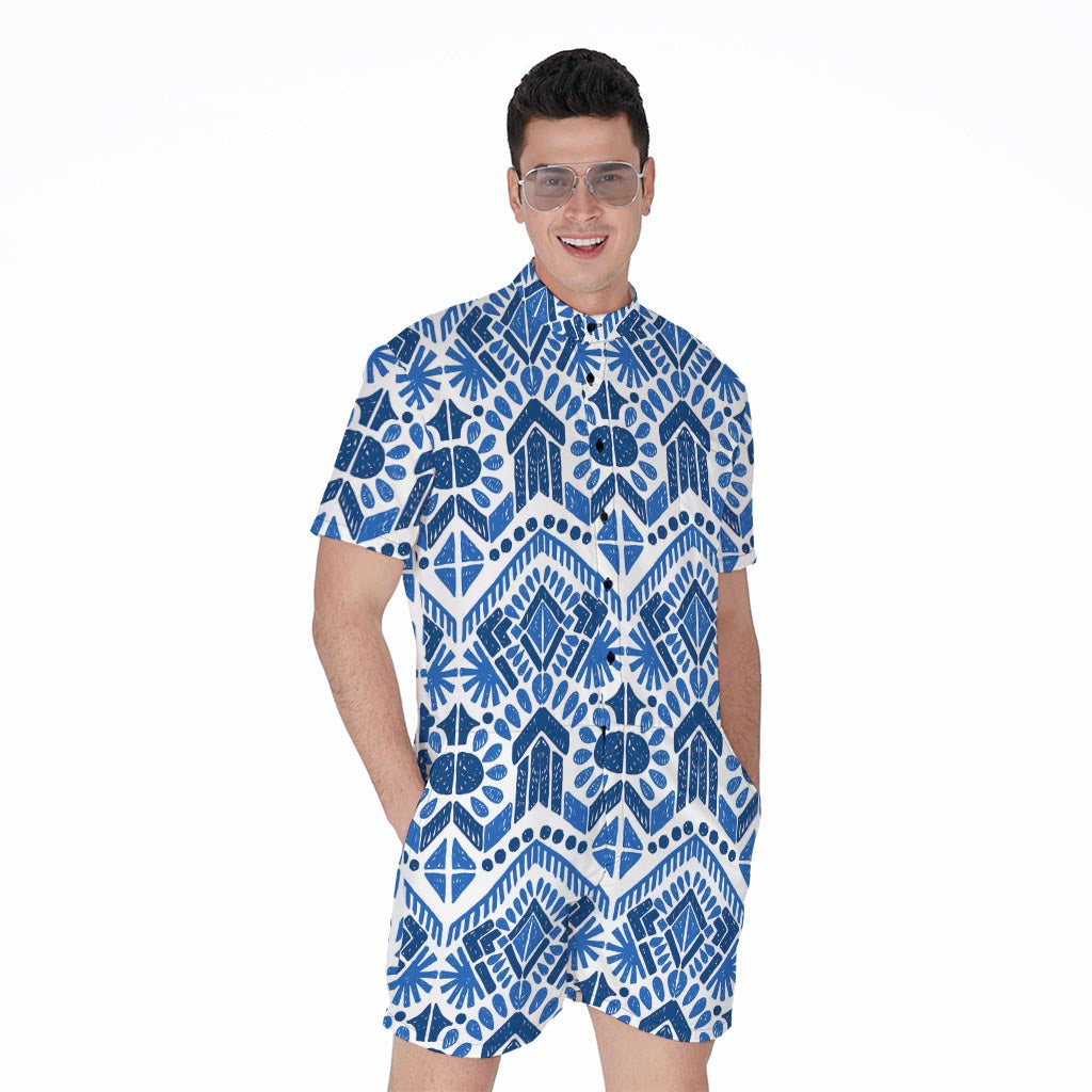 Blue And White Aztec Pattern Print Men's Rompers