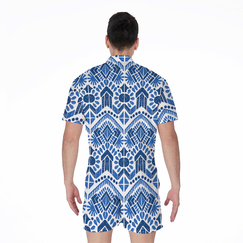 Blue And White Aztec Pattern Print Men's Rompers