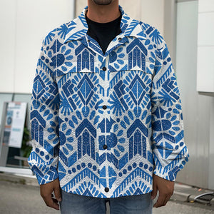 Blue And White Aztec Pattern Print Men's Shirt Jacket