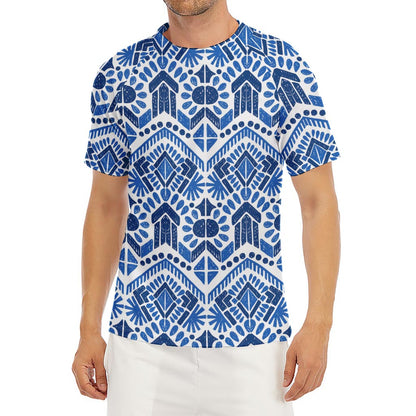 Blue And White Aztec Pattern Print Men's Short Sleeve Rash Guard