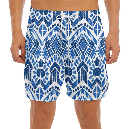 Blue And White Aztec Pattern Print Men's Split Running Shorts