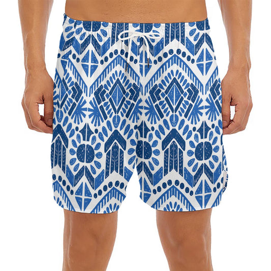 Blue And White Aztec Pattern Print Men's Split Running Shorts