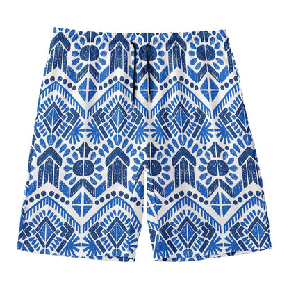 Blue And White Aztec Pattern Print Men's Swim Trunks