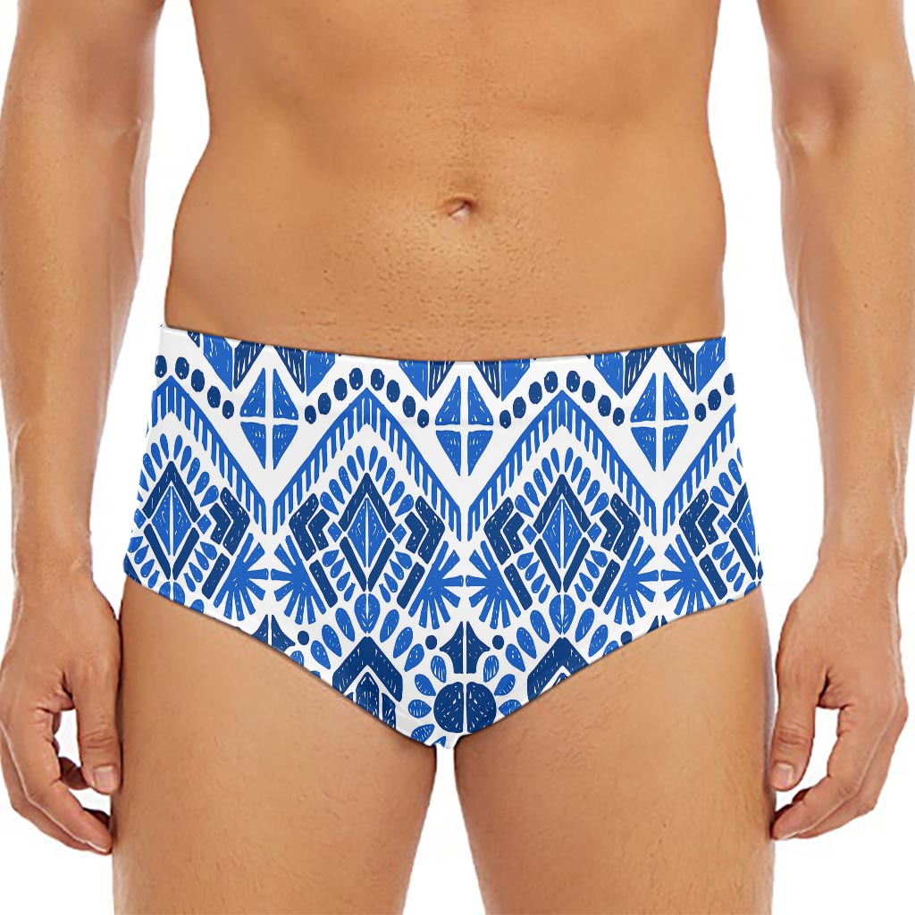 Blue And White Aztec Pattern Print Men's Triangle Swim Briefs