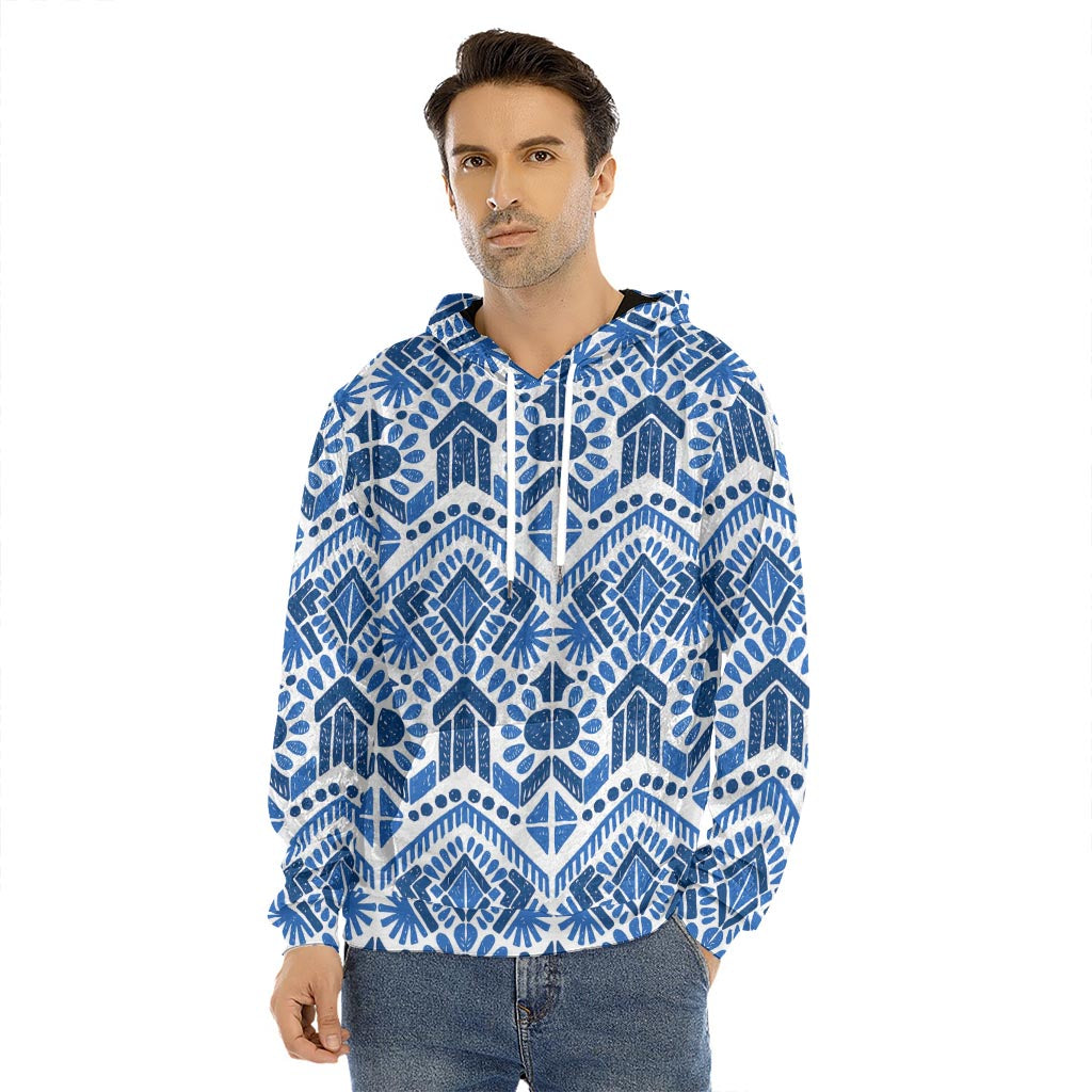 Blue And White Aztec Pattern Print Men's Velvet Pullover Hoodie