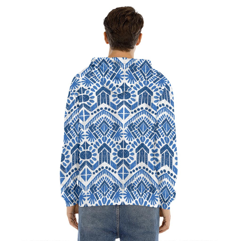 Blue And White Aztec Pattern Print Men's Velvet Pullover Hoodie