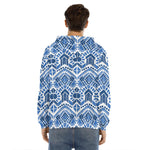 Blue And White Aztec Pattern Print Men's Velvet Pullover Hoodie