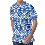 Blue And White Aztec Pattern Print Men's Velvet T-Shirt