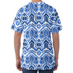 Blue And White Aztec Pattern Print Men's Velvet T-Shirt