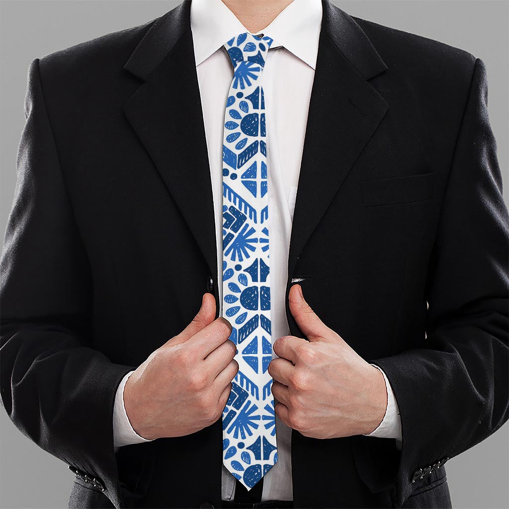 Blue And White Aztec Pattern Print Necktie