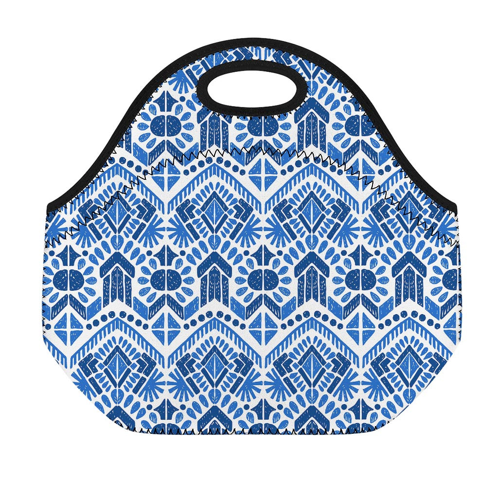 Blue And White Aztec Pattern Print Neoprene Lunch Bag