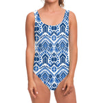 Blue And White Aztec Pattern Print One Piece Swimsuit