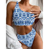 Blue And White Aztec Pattern Print One Shoulder Bikini Top