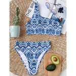 Blue And White Aztec Pattern Print One Shoulder Bikini Top