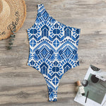 Blue And White Aztec Pattern Print One Shoulder Bodysuit