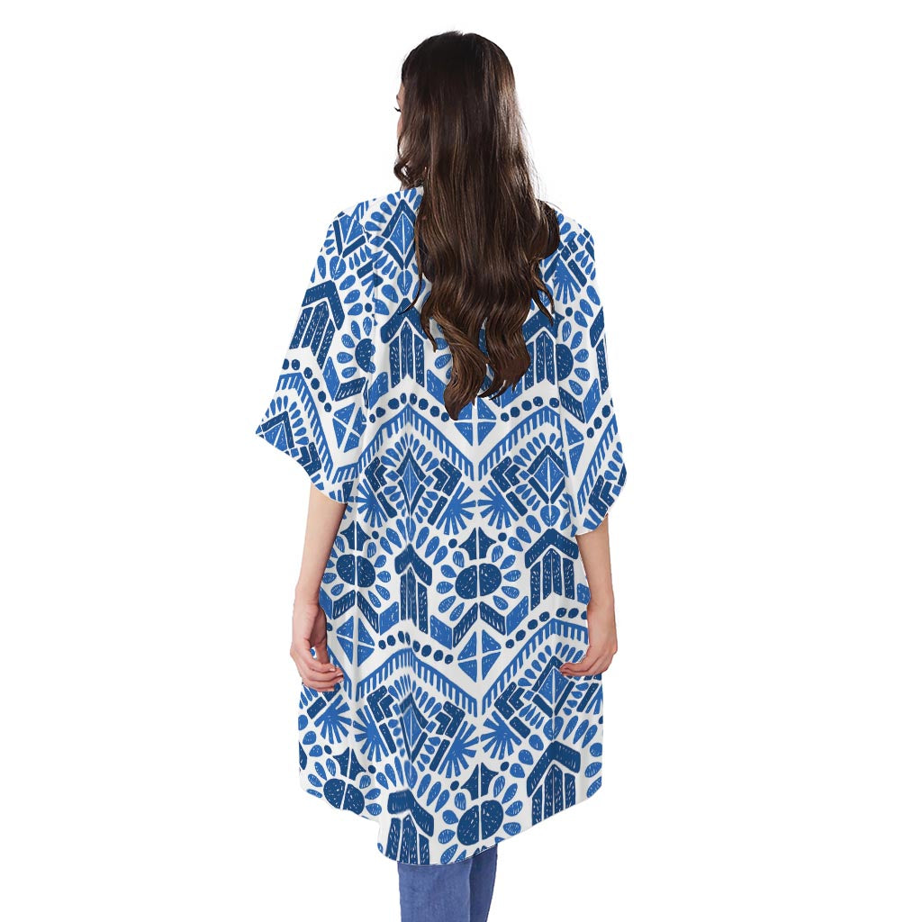 Blue And White Aztec Pattern Print Open Front Beach Cover Up