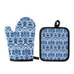Blue And White Aztec Pattern Print Oven Mitt And Pot Holder Set