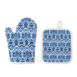 Blue And White Aztec Pattern Print Oven Mitt And Pot Holder Set